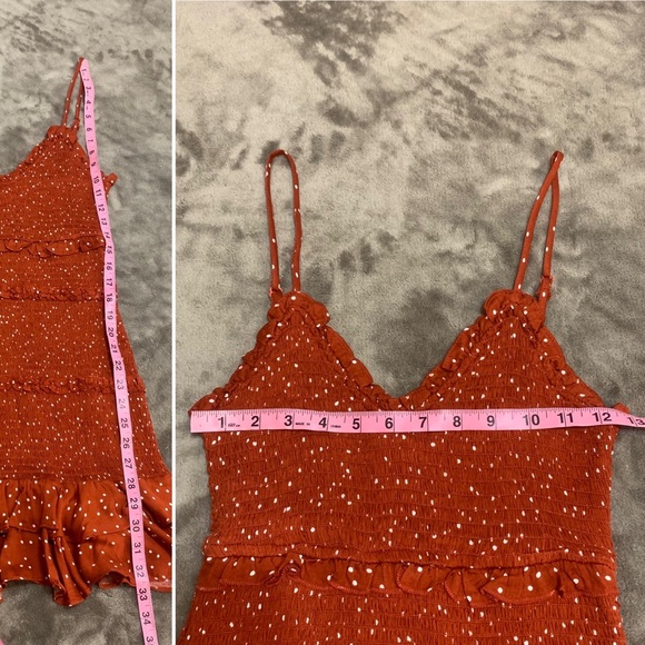 OLIVACEOUS Orange Smocked Ruffle Rib Knit 100% Rayon Bodycon Mini Dress Small - Picture 11 of 13